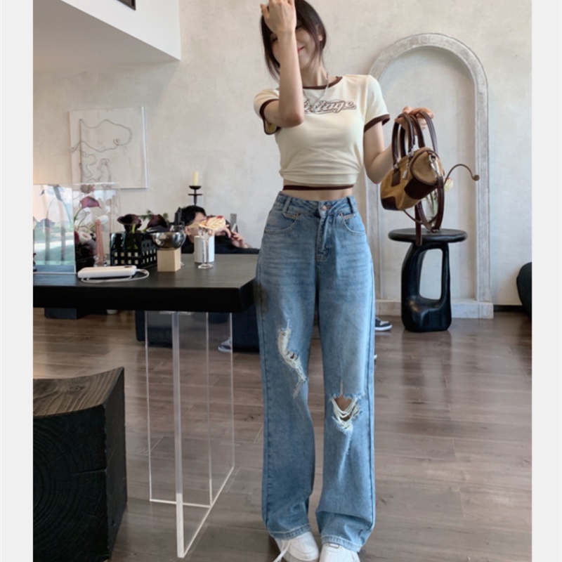 Quần Jean Nữ Lưng Cao Ống Đứng Rách Gối Thời Trang