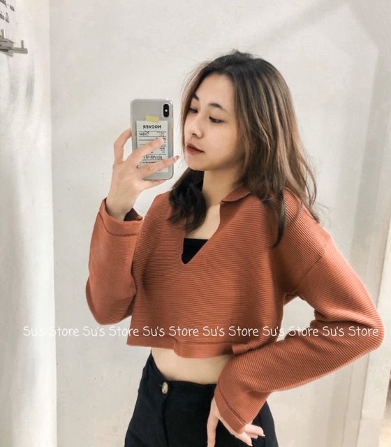 [Mã FATHANG5 giảm 10K đơn 50K] Áo croptop cổ V xẻ len tăm A1439 SUSTORE