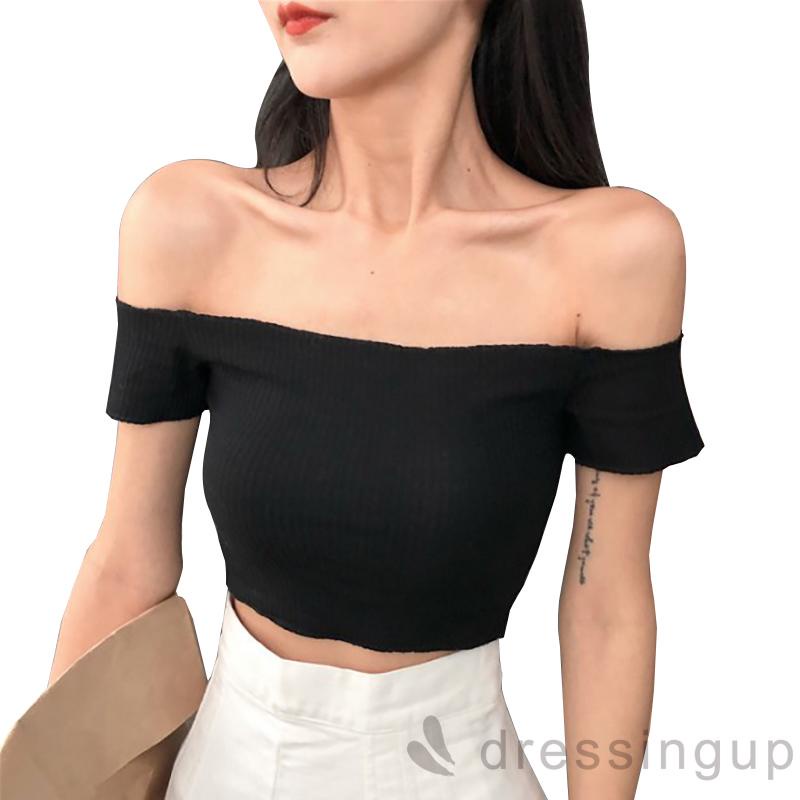 Áo Thun Tay Ngắn Cổ Thuyền Màu Sắc Đơn Giản Cho Nữ