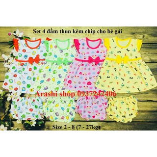 Set 4 đầm thun kèm chip bé gái