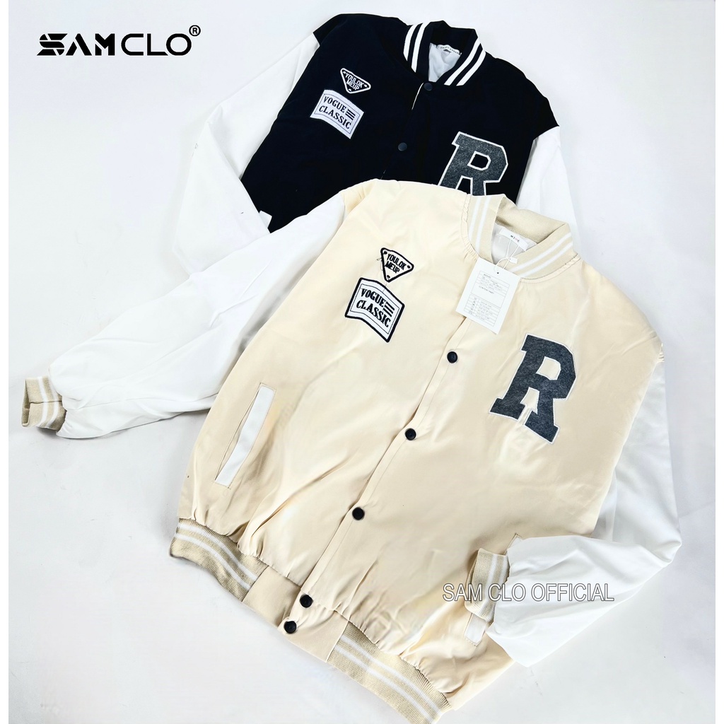 Áo khoác DA LỘN BOMBER nam nữ SAM CLO freesize phong cách bóng chày form rộng unisex mặc cặp - couple THÊU CHỮ R-CLASSIC