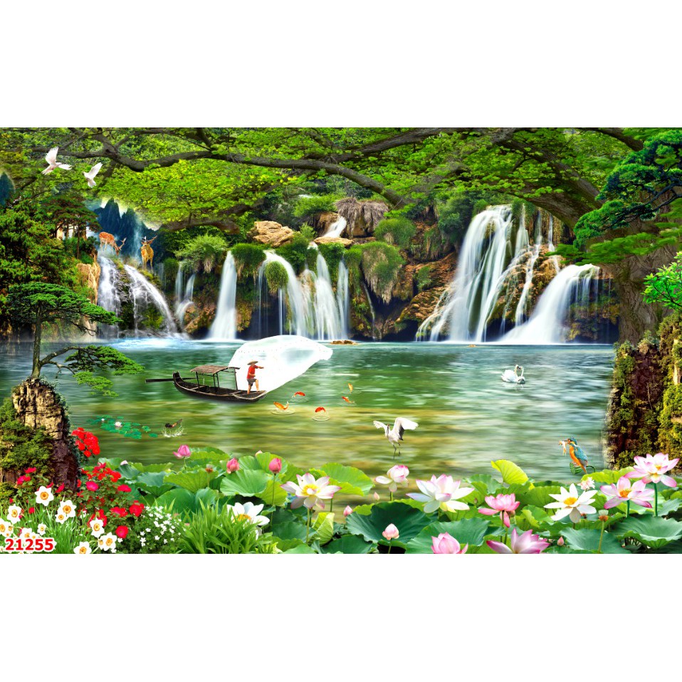 Tranh dán tường 3d phong cảnh thiên nhiên trang trí phòng khách chất liệu decal pp keo sẵn bóc dán atk25