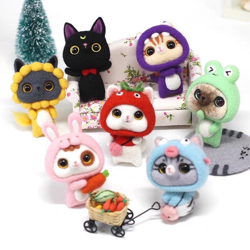 Len Chọc Handmade, Bộ Kit Len Chọc Mèo Đội Khăn