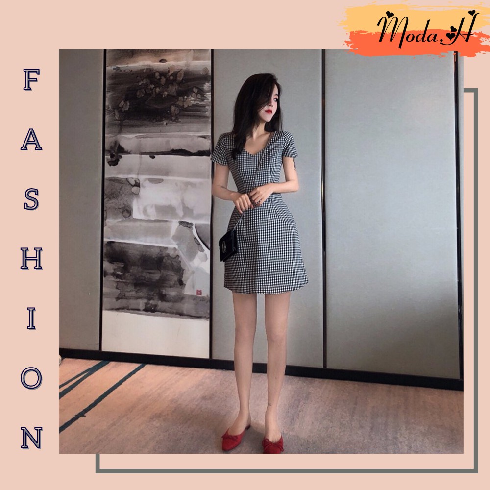 Váy Nữ Kẻ Caro, Đầm Nữ Dáng Ngắn Kẻ Caro Đơn Giản Moda.H