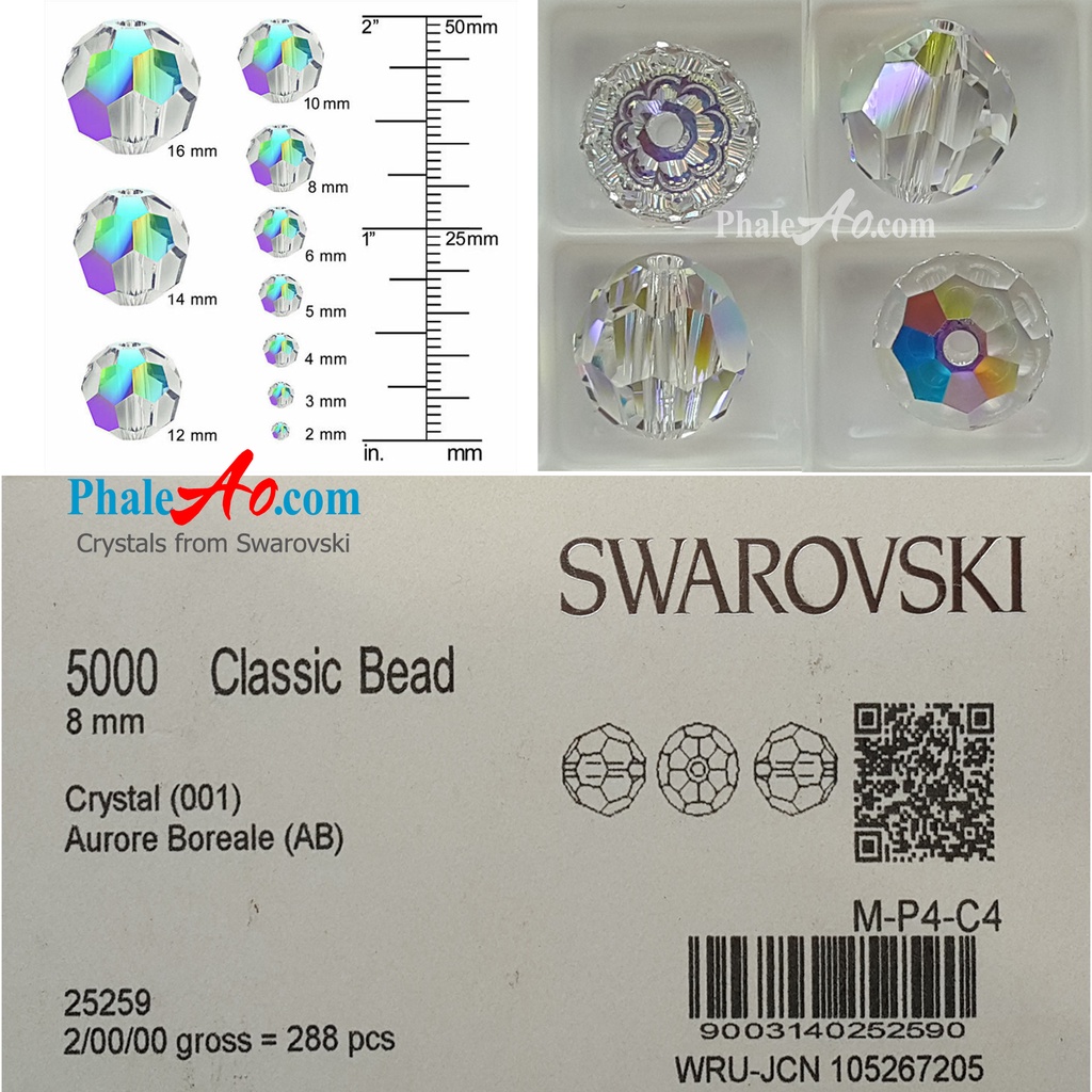 Chuỗi Mân Côi 50 hạt tròn 8ly pha lê Swarovski crystal classic bead 5000 001AB - PhaleAo NVJ