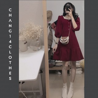váy nhung đỏ mận xoè