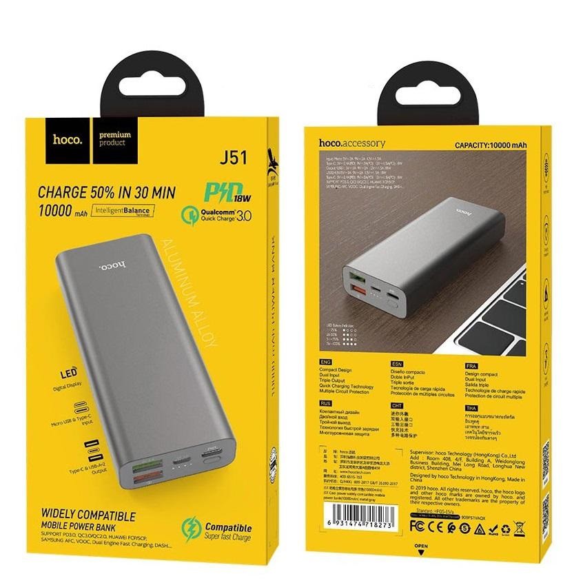 Pin sạc dự phòng Hoco J51 10000mAh lõi Li-polymer, input/output QC3.0 và PD18W TypeC (Màu ngẫu nhiên)