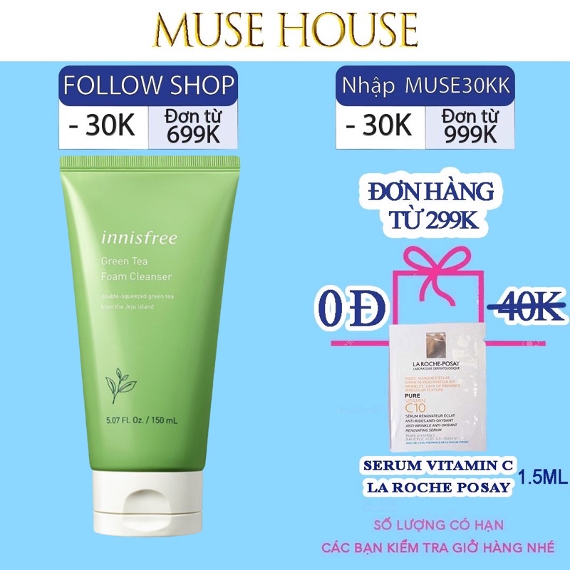 [Mẫu mới] Sữa rửa mặt trà xanh Innisfree Green Tea Foam Cleanser 150ml - MUSE HOUSE