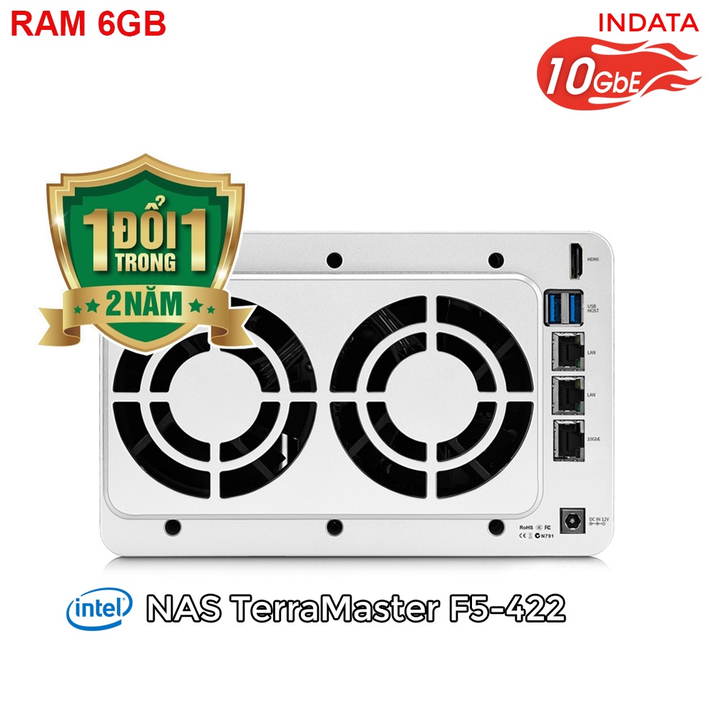 Ổ cứng mạng NAS TerraMaster F5-422, 10Gbps, Intel Quad-Core 1.5GHz, 6GB RAM, 670MB/s, 5 khay ổ cứng RAID 0,1,5,6,10,JBOD