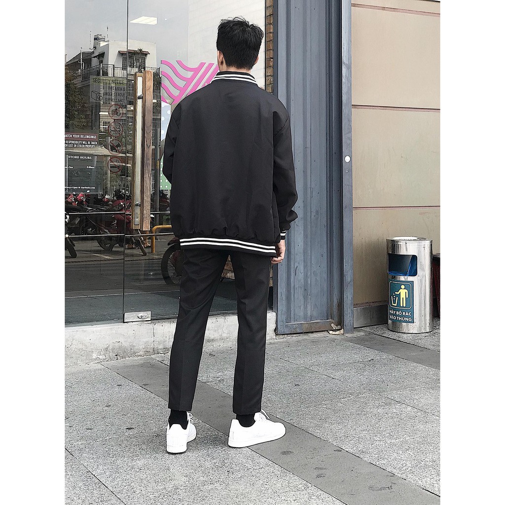 Áo Bomber Jacket Đen / Trắng - Áo khoác dù trơn viền sọc 5THEWAY UNISEX