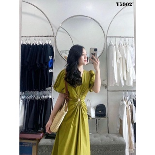 ĐẦM MIDI CỔ V KHOÉT EO KHOEN 2 MÀU