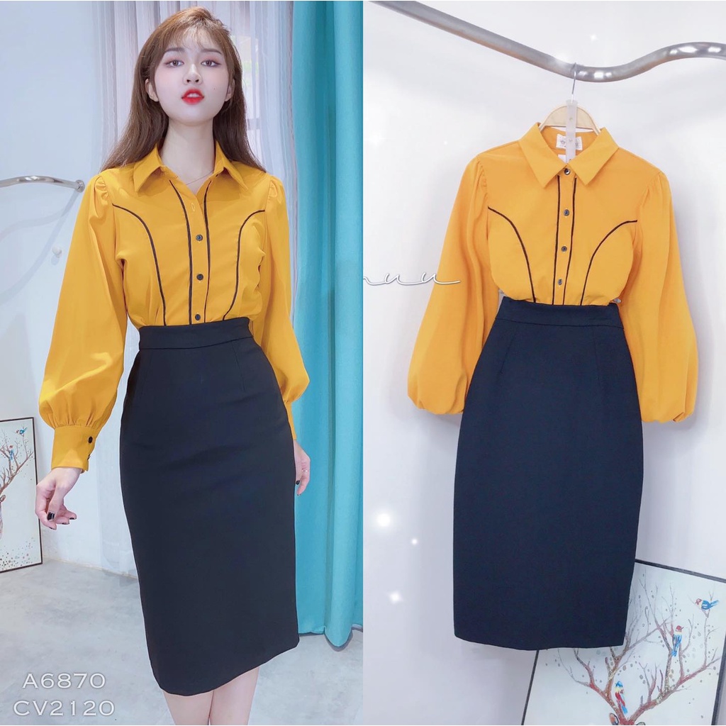 Áo sơ mi nữ tay phồng viền nút, vải kate bột chuẩn dáng CHUU A6870