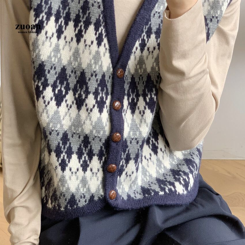 Áo sweater SUXI sát nách cổ chữ V dáng rộng phong cách retro Hàn Quốc cho nữ