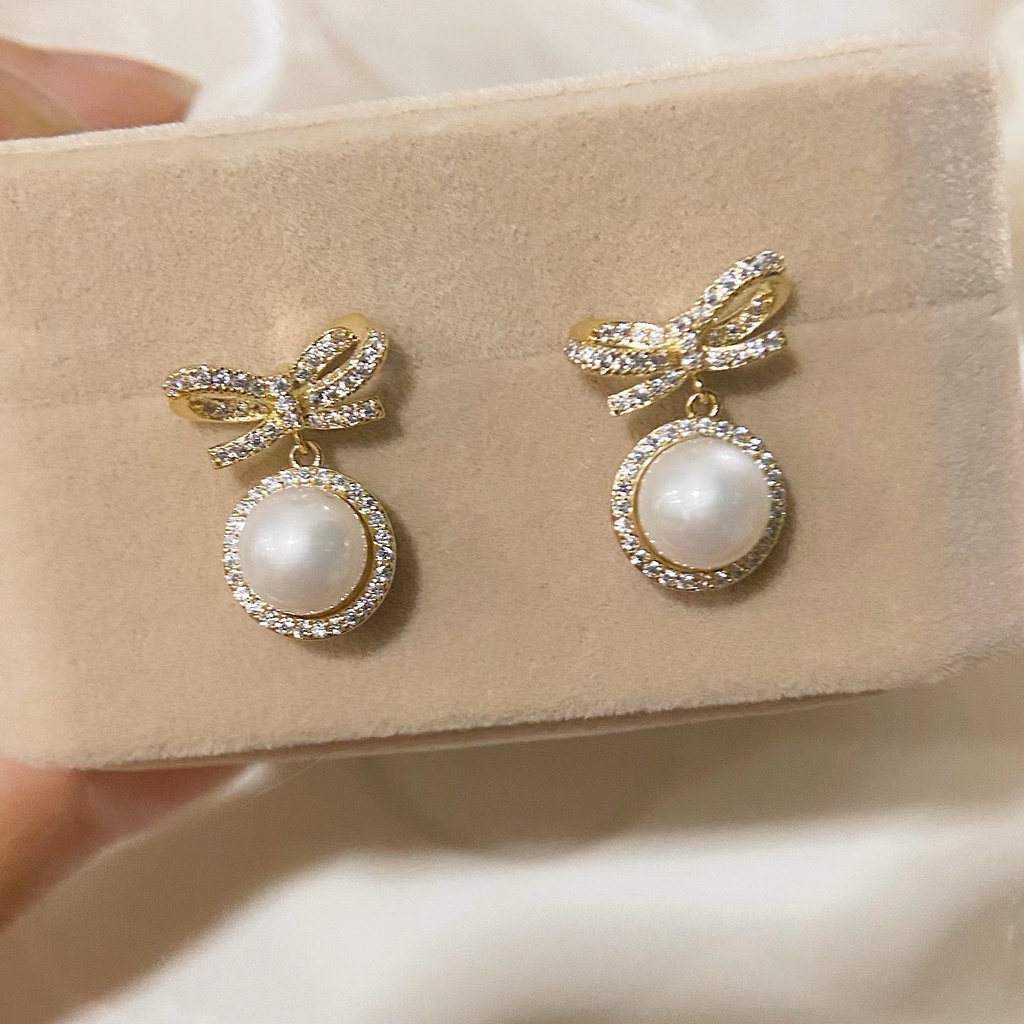 S925 Bông tai ngọc trai Bông tai bạc Nơ Bông tai tròn Bông tai thời trang Phụ kiện Trang sức Quà tặng