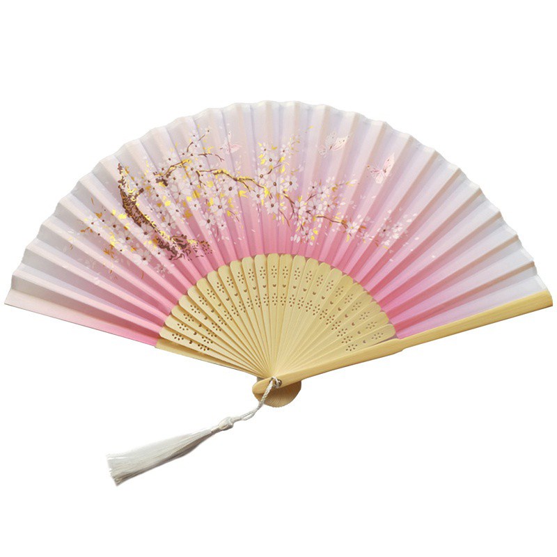 Quạt Xếp Cầm Tay Vải Lụa In Họa Tiết Hoa Anh Đào Phong Cách Trung Hoa