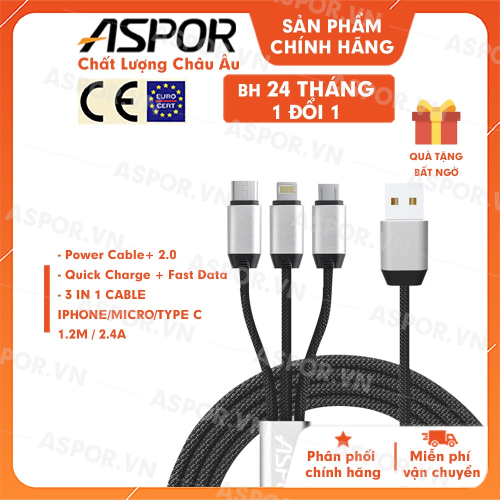 Cáp Sạc Nhanh & Data 3 in 1 ASPOR dây cáp điện thoại AC-20 dài 1,2m-Hàng Chính Hãng