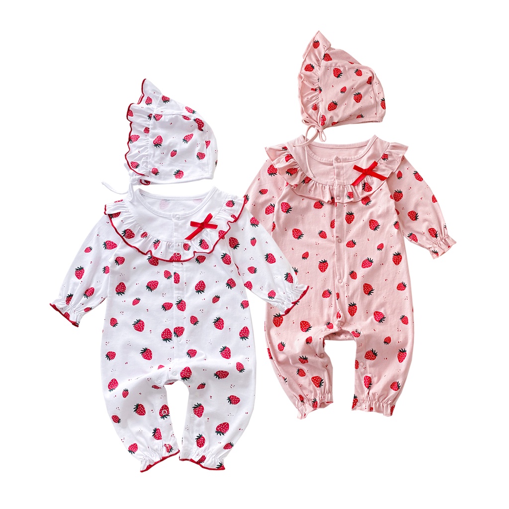 Áo liền quần Sanlutoz tay dài in họa tiết dâu tây dễ thương kèm nón xinh xắn cho bé gái