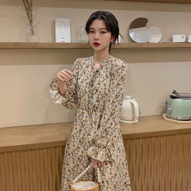 Đầm nữ in hoa tay dài thời trang retro phong cách Hàn Quốc