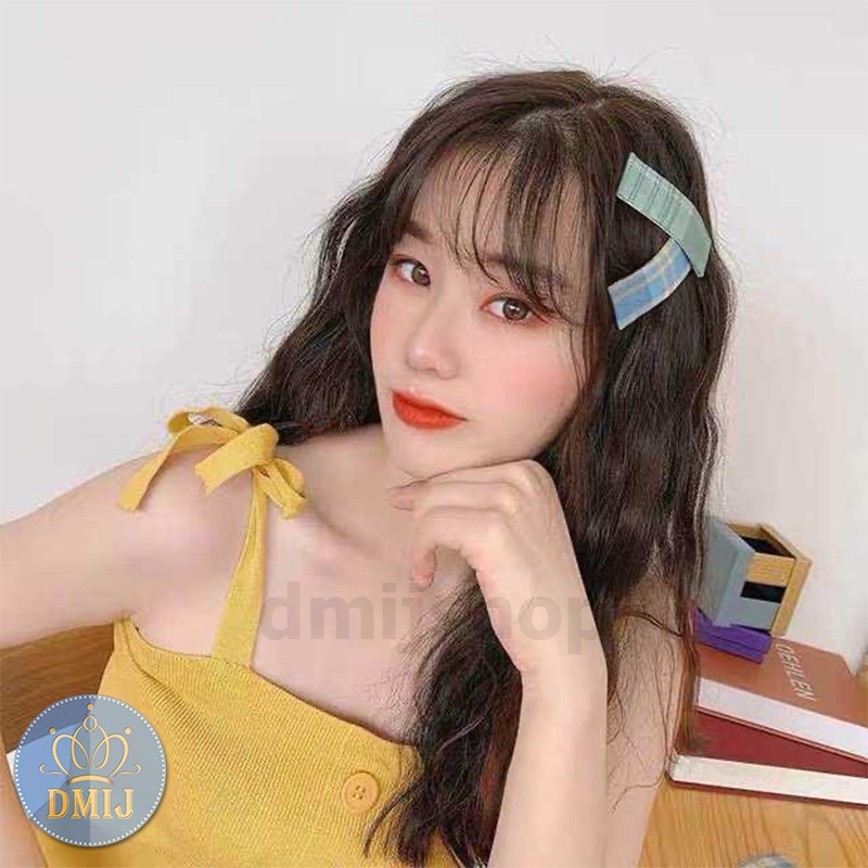 Kẹp tóc chữ nhật họa tiết caro cặp mái vintage hàn quốc