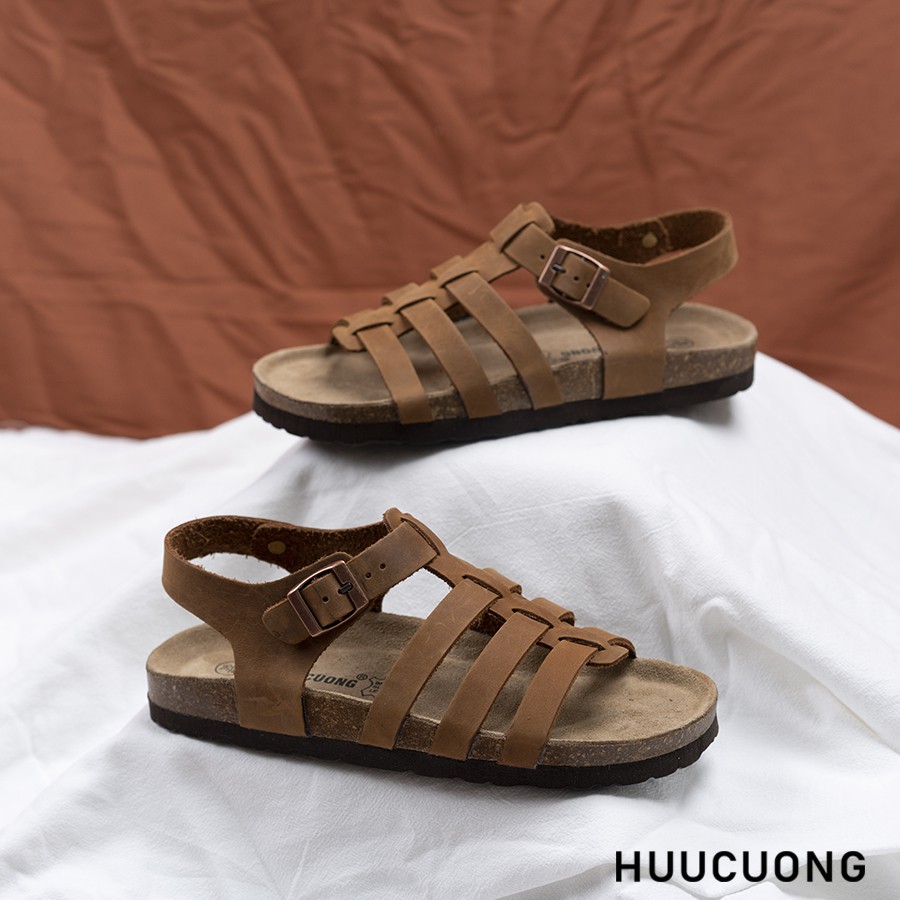 Sandal HuuCuong chiến binh da bò nâu đế trấu, hàng chính hãng, da bò thật, chịu nước