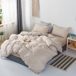Bộ Drap & Chăn Phao Cotton Poly Kẻ Caro Be