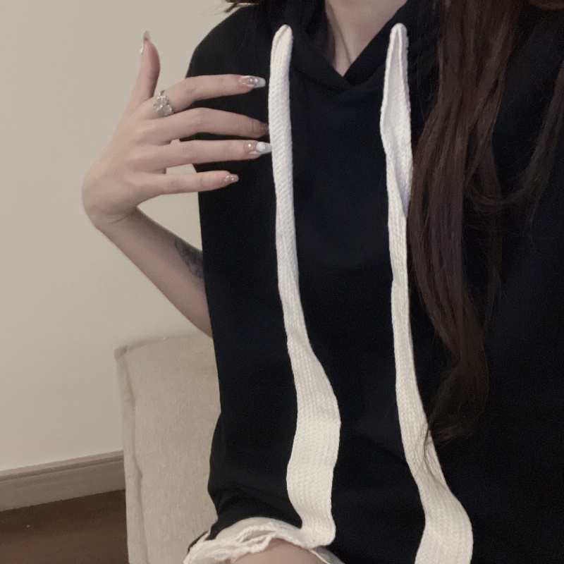 Áo Hoodie Không Tay Dáng Rộng Màu Sắc Đơn Giản Cho Nữ