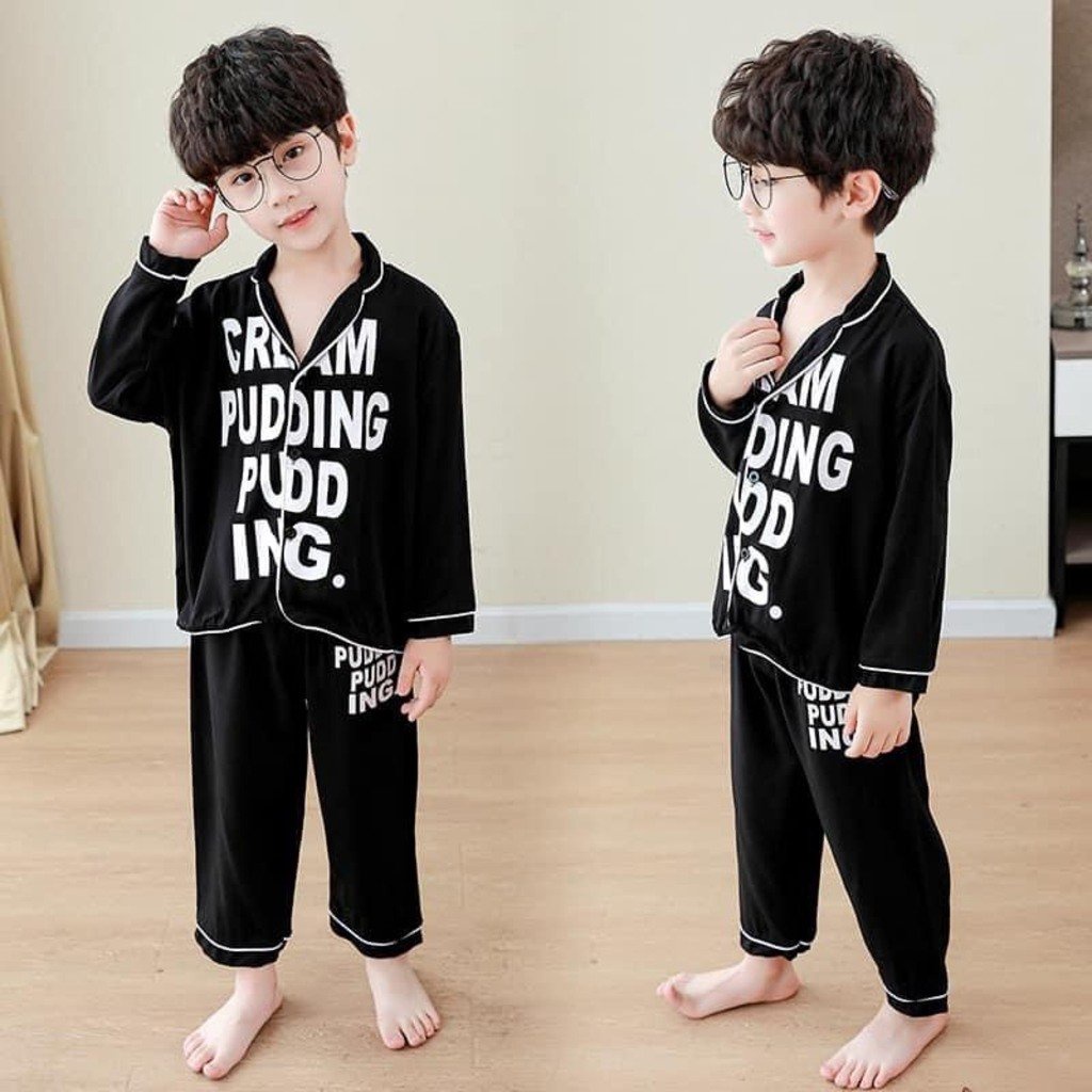 Pijama chất lụa in chữ dài tay cho bé, Bộ ngủ dài tay cho bé trai và bé gái từ 6 - 28kg MINKY SOON