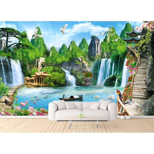 Tranh dán tường 3D sơn thủy - thác nước (Kích thước theo yêu cầu)