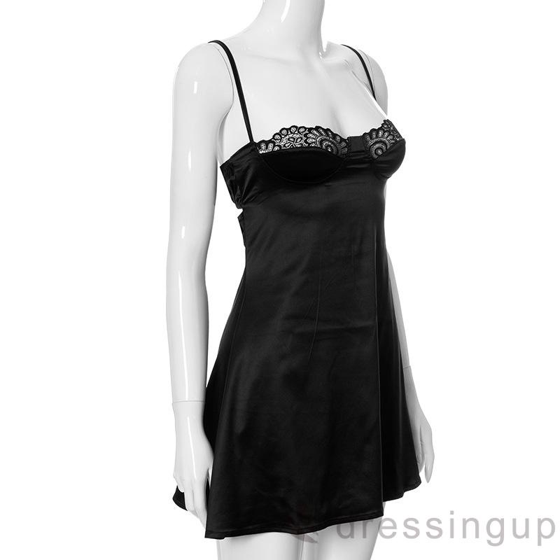 Đầm mini hai dây hở lưng phối ren màu sắc thời trang dành cho nữ