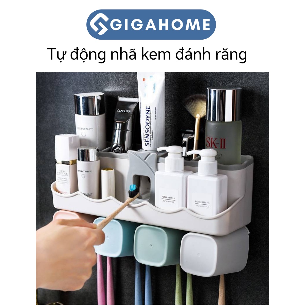 Bộ Nhả Kem Đánh Răng Tặng Kèm 4 Cốc GIGAHOME Có Giá Treo Bàn Chải, Kệ Để Đồ 8149