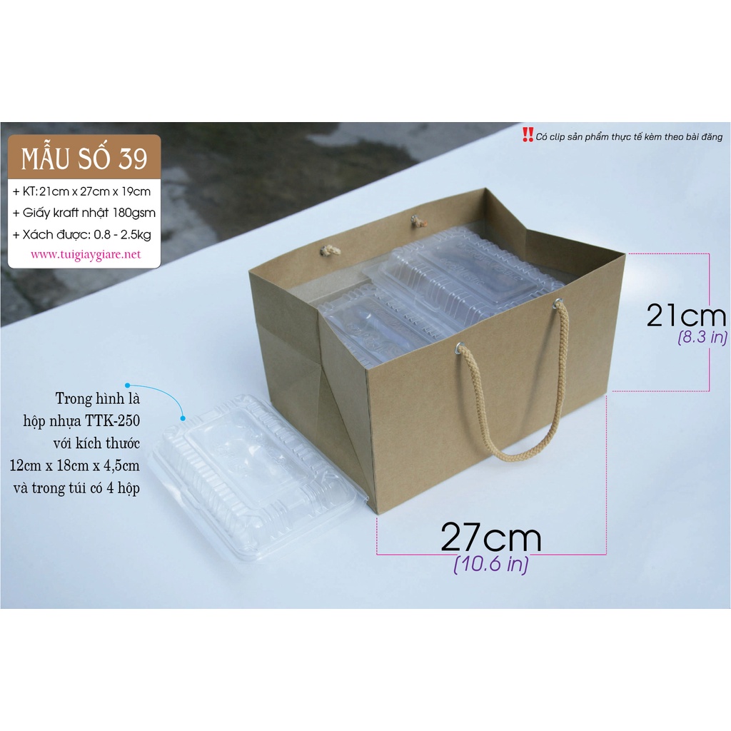 25 cái - Túi giấy kraft đựng hộp thức ăn lớn, hộp thực phẩm = Túi số 39