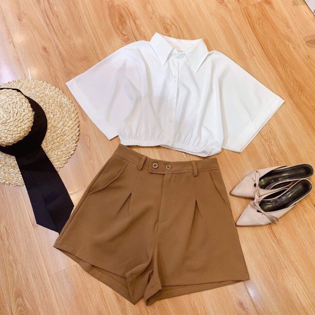 set quần nâu áo croptop sơ mi