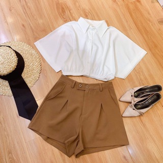 set quần nâu áo croptop sơ mi