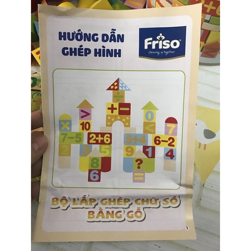 Bộ đồ chơi lắp ráp xếp hình ghép gỗ 100 chi tiết Friso tặng bé - bảng gỗ học toán và thả khối cho bé