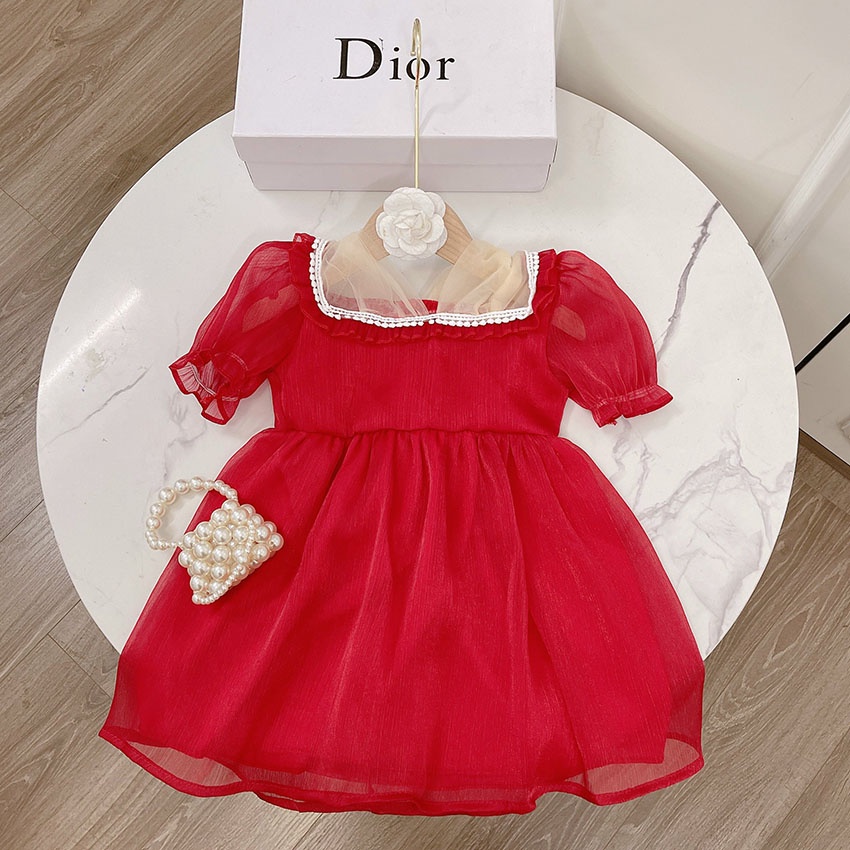 Váy Cộc Tay Bèo Cổ Ren Vải Tơ Óng Ánh Dễ Thương Cho Bé Từ 7-19kg Mã V23