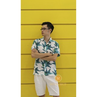 Áo sơ mi nam tay ngắn, họa tiết lá xanh cực đẹp