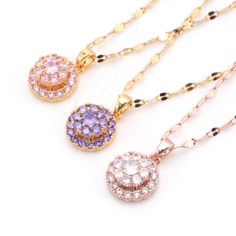 Dây Chuyền Thép Titan Mạ Vàng 18K Mặt Tròn Đính Đá Zircon Lấp Lánh