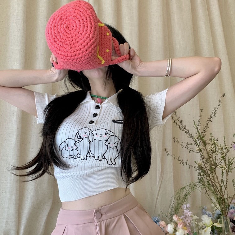 Áo thun polo ZHELIHANGFEI dệt kim tay ngắn thêu hình thỏ dễ thương thời trang
