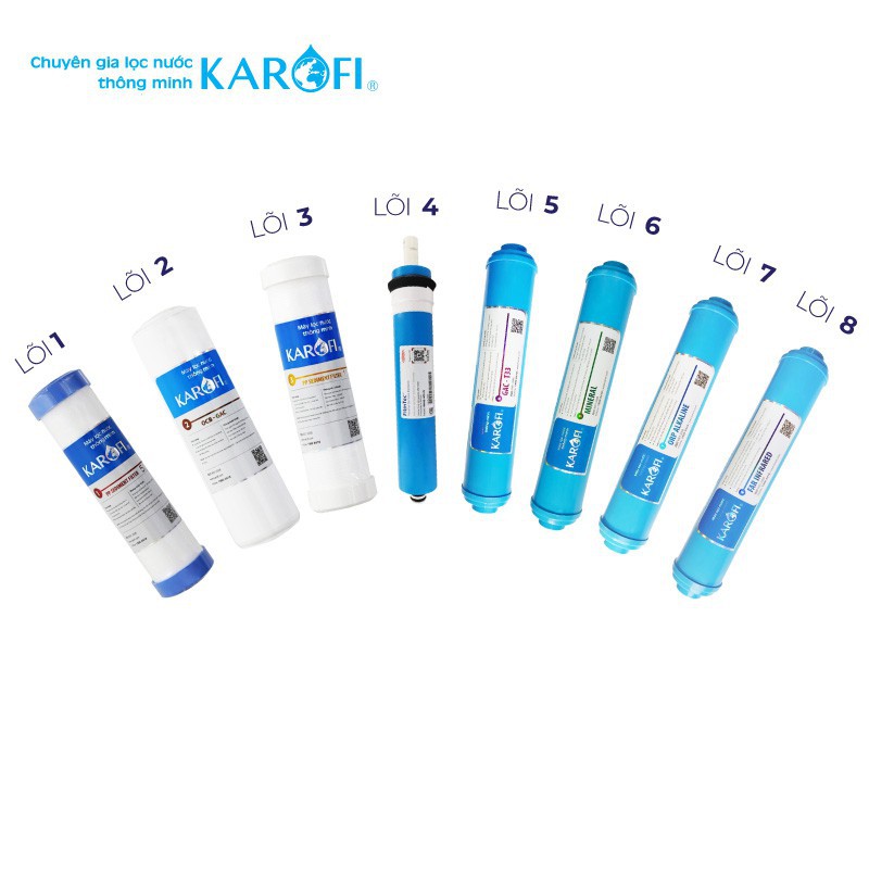 Combo 8 lõi lọc nước RO Karofi (Lõi 1-2-3, Filmtec, T33 GAC, khoáng đá, ORP alkaline, hồng ngoại)