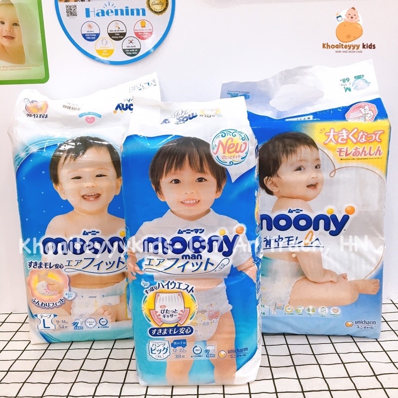 Bỉm Moony Xanh Dán L54/ S84/ M64/ NB90/, Quần L44/ M58/ XL38/ XL44