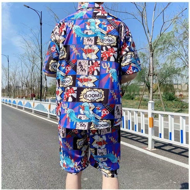 Bộ Áo Sơ Mi Ngắn Tay + Quần Short Dáng Rộng Phong Cách Hawaii Thời Trang Đi Biển Mùa Hè Cho Nam