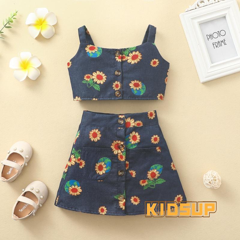 Kidsup-bộ Đồ 2 Món Áo Không Tay In Hoa Hướng Dương Cài Khuy + Chân Váy Chữ A Mùa Hè Cho Bé Gái