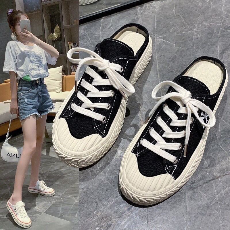 Giày Sục Thể Thao Thêu chữ N , Sục bata đạp gót đế bánh mì 3cm FLORA S04