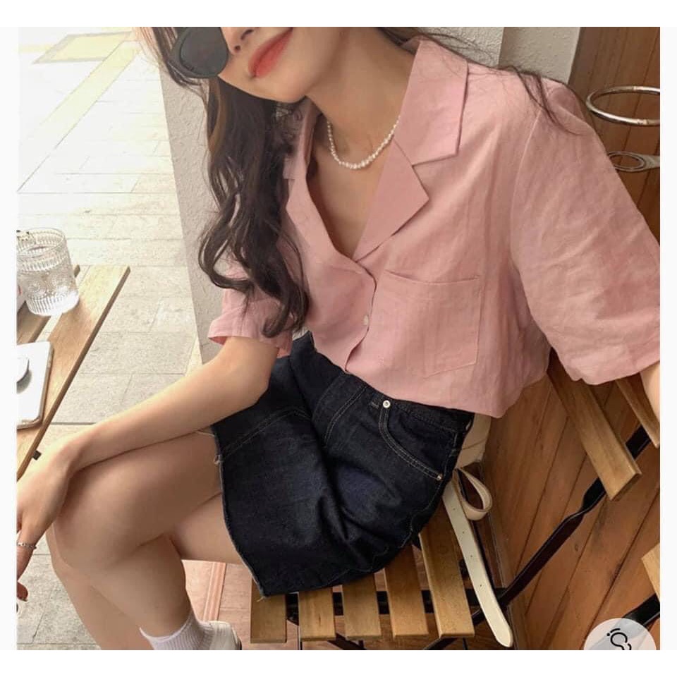 Áo sơ mi đũi trơn cộc tay túi ngực nhiều màu ulzzang