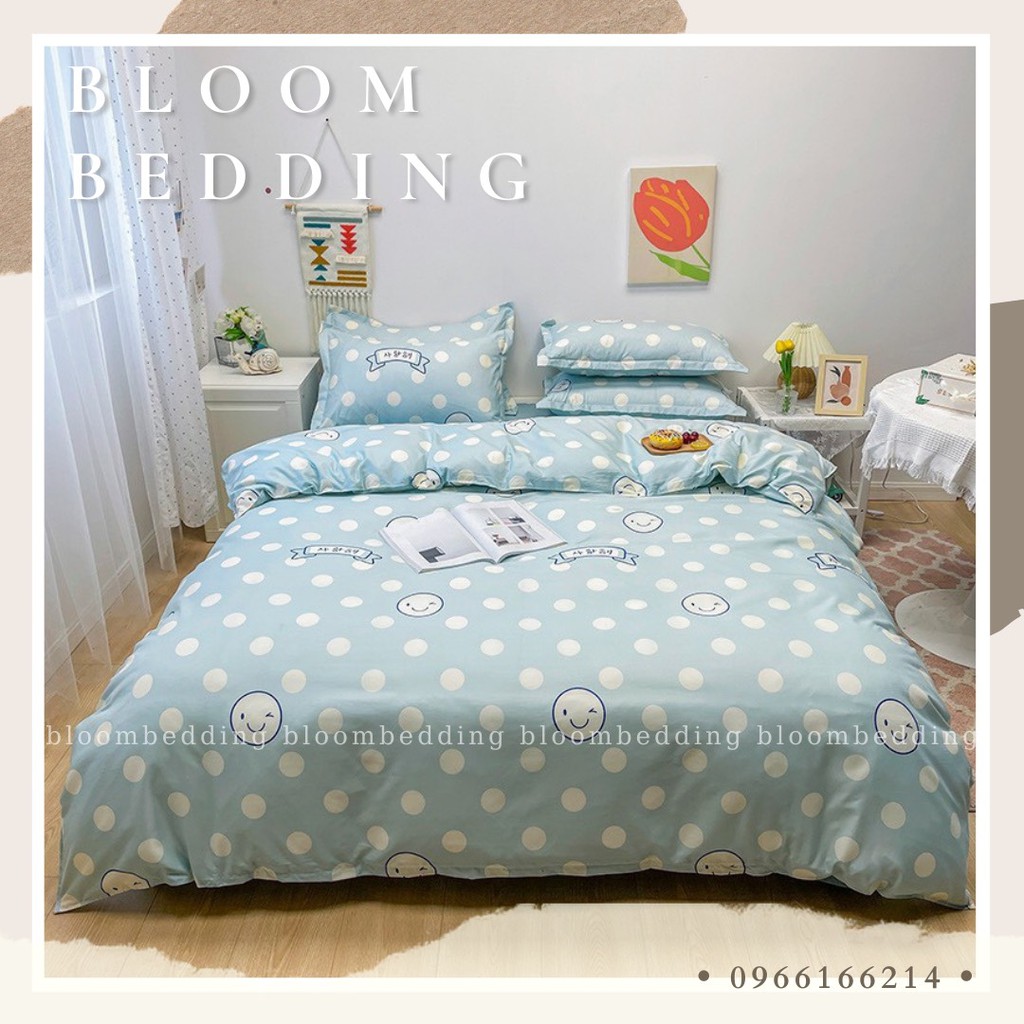 Bộ Chăn Ga Gối Cotton Poly 4 Món - Chấm bi xanh