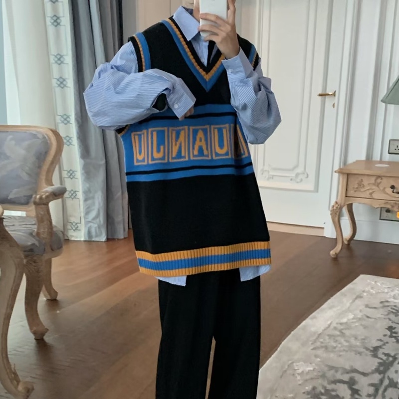 Áo Sweater Dệt Kim Cổ Chữ V Dáng Rộng Thời Trang Xuân Thu Phong Cách Nhật Bản Cho Nam Giới