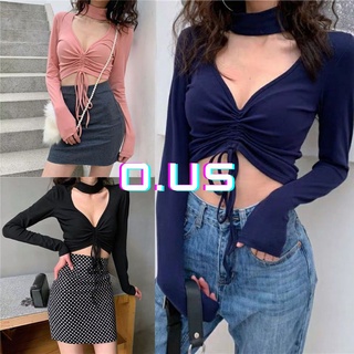 Áo croptop dài tay choker cổ tim