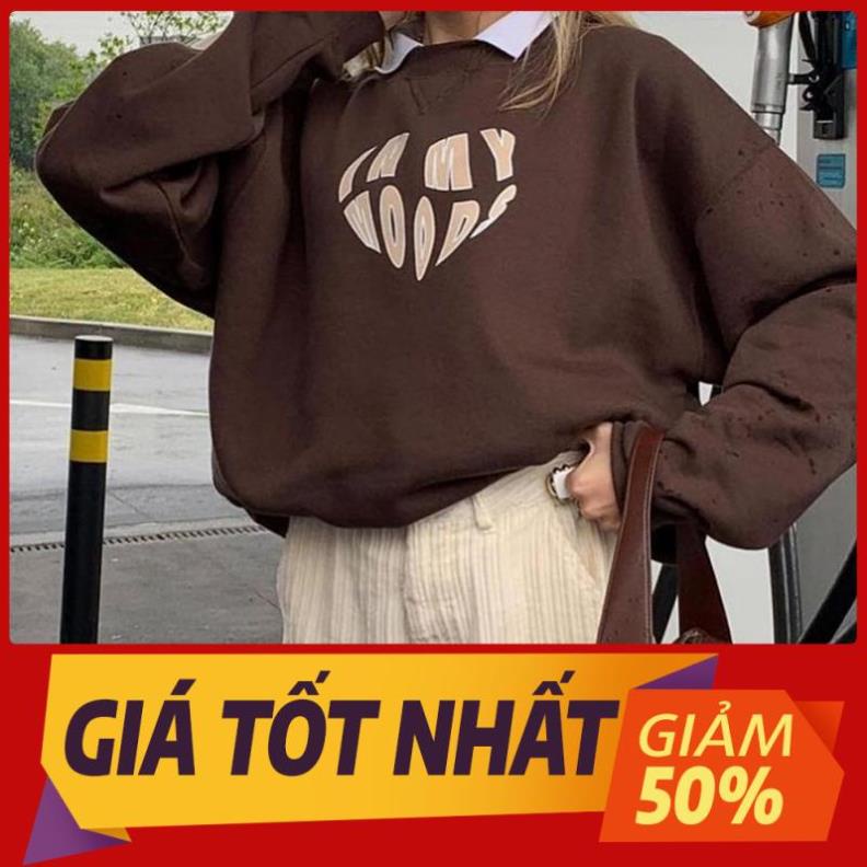 Sale Áo Sweater Chui Đầu Cổ Tròn Tay Dài Dáng Rộng Màu Nâu In Chữ Phong Cách Trẻ Trung Cho Nữ
