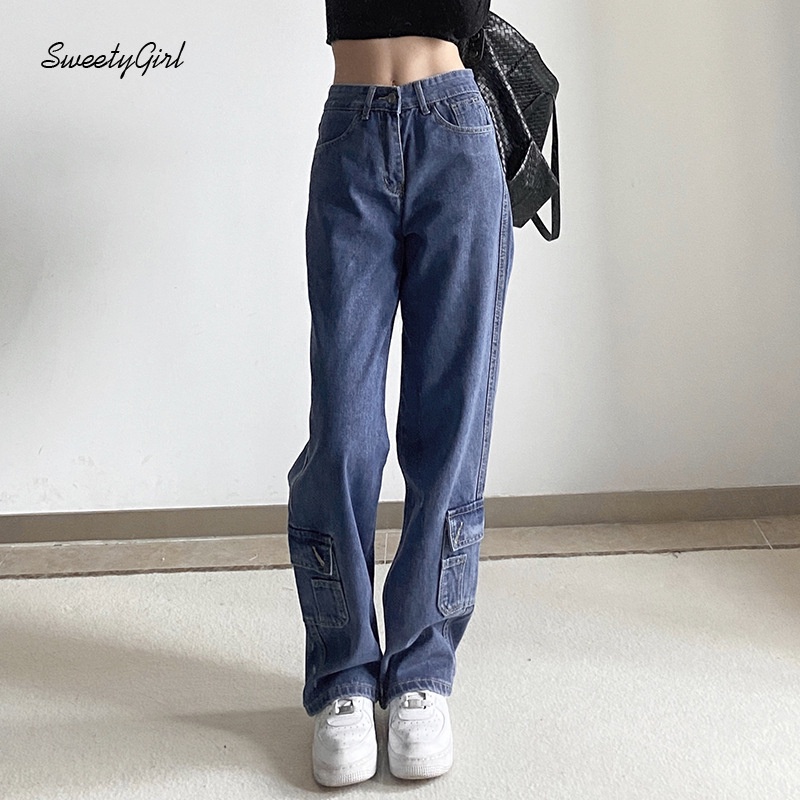 Quần Jeans Dài Lưng Cao Ống Đứng Có Túi Thời Trang Cho Nữ