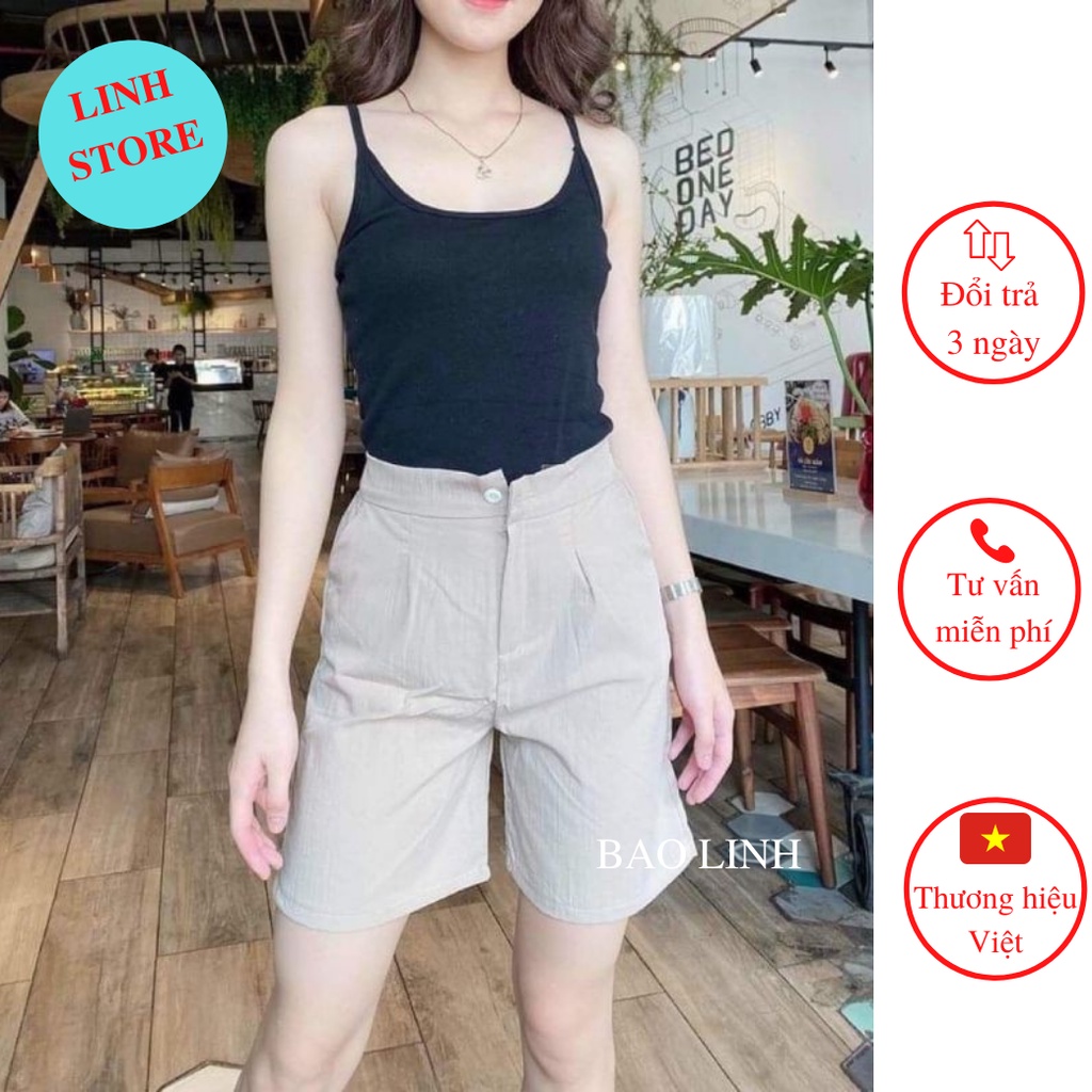 Quần Đùi Nữ Lưng Cao LINH STORE Bigsize Ống Rộng Lưng Chun Khóa Thật Chất Liệu Đũi Xước